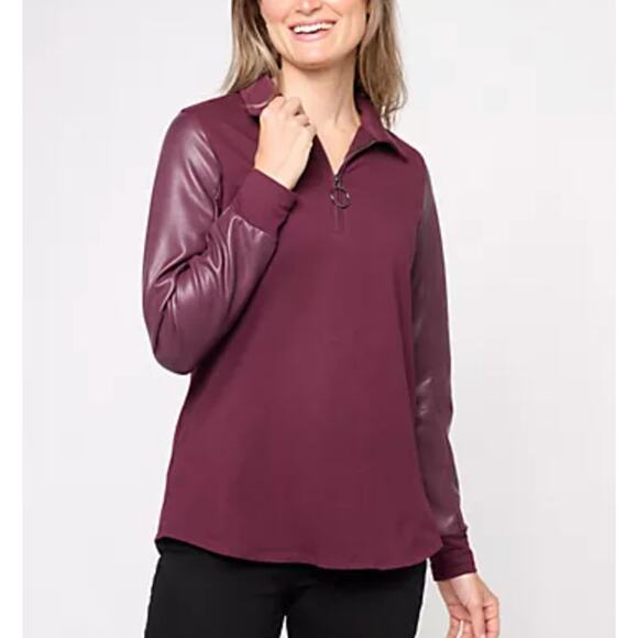 NEW Belle by Kim Gravel Circle Zip Knit Top M with Faux Leather Sleeves Autumn - Picture 1 of 5